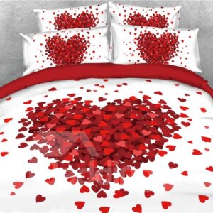 Red Heart Shape Printed Romantic 4-Piece 3D Bedding Set/Duvet Cover Set Valentine Gift