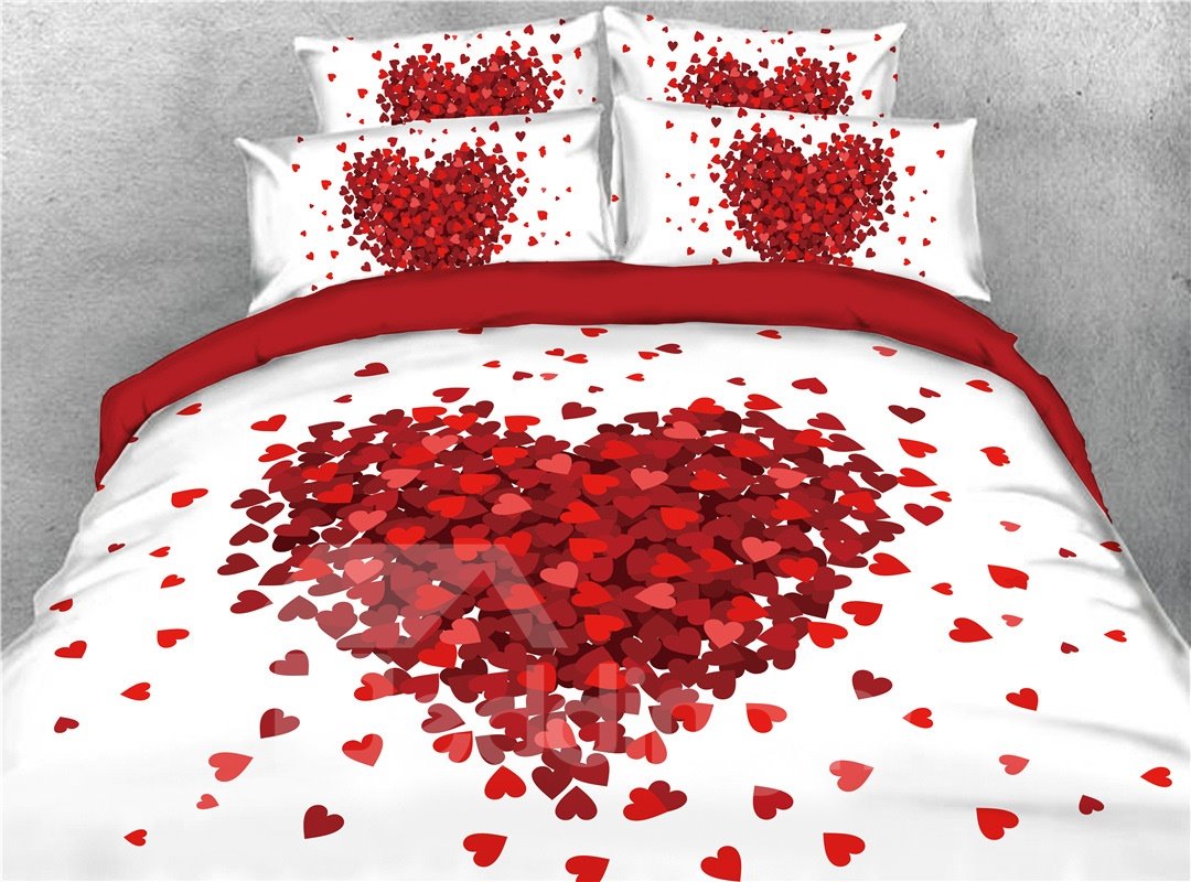 Red Heart Shape Printed Romantic 4-Piece 3D Bedding Set/Duvet Cover Set Valentine Gift - Image 2