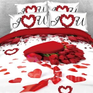 Romantic Red Rose and Heart Shape Printed 4-Piece 3D Floral Bedding Set Colorfast Zipper Duvet Cover Valentine Gift