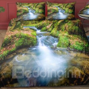Green Mountain and Stream Water Printed 3-Piece 3D Bedding Sets/ Duvet Covers