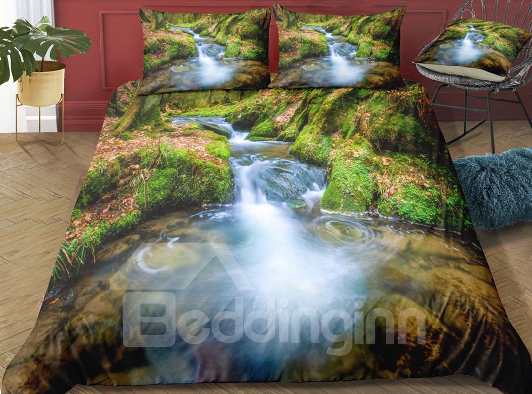 Green Mountain and Stream Water Printed 3-Piece 3D Bedding Sets/ Duvet Covers - Image 4