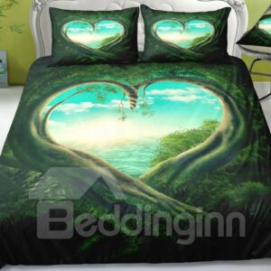 Green Tree Heart Shaped and Blue Sky Printed 3-Piece 3D Bedding Sets/ Duvet Covers