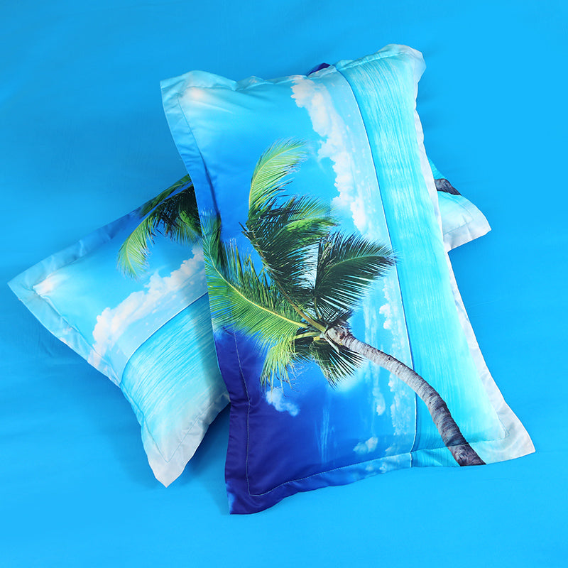 Coastal Beach Bedding Set, Palm Tree Blue Sea 4-Piece 3D Scenery Print Duvet Cover Set Microfiber with Flat Sheet 2 Pillowcases - Image 4