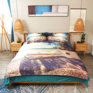 Beach Bedding Set, Drift Message Bottle on Sand Printed 4-Piece Duvet Cover Set Microfiber with Flat Sheet 2 Pillowcases
