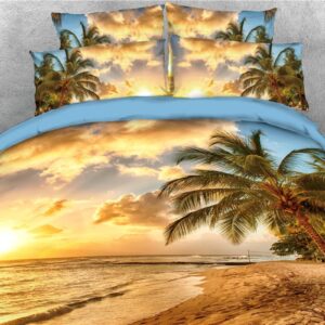 Palm Tree and Beach Seaside Printed 4-Piece 3D Scenery Bedding Set Sea and Sunset Print Duvet Cover Set Microfiber