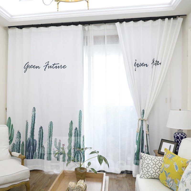 Blackout Watercolor Tropical Cactus Polyester Fabric Curtain - Image 5