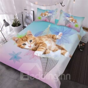 Kitten on the Leaves Printed 3D 3-Piece Comforter Set Cute Cat Bedding Microfiber 1 Comforter 2 Pillowcases Twin Full Queen King Sizes