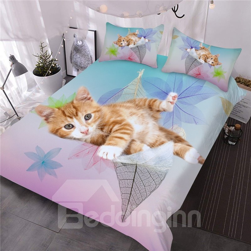Kitten on the Leaves Printed 3D 3-Piece Comforter Set Cute Cat Bedding Microfiber 1 Comforter 2 Pillowcases Twin Full Queen King Sizes