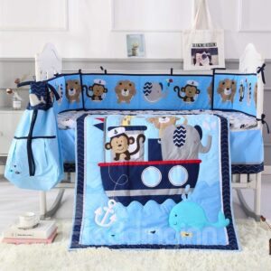 Cartoon Money and Lion Printed Blue 6-Piece Baby Nursery Crib Bedding Sets
