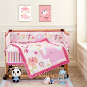 Sweet Pink Flower and Elephant Printed 4-Piece Crib Bedding Sets