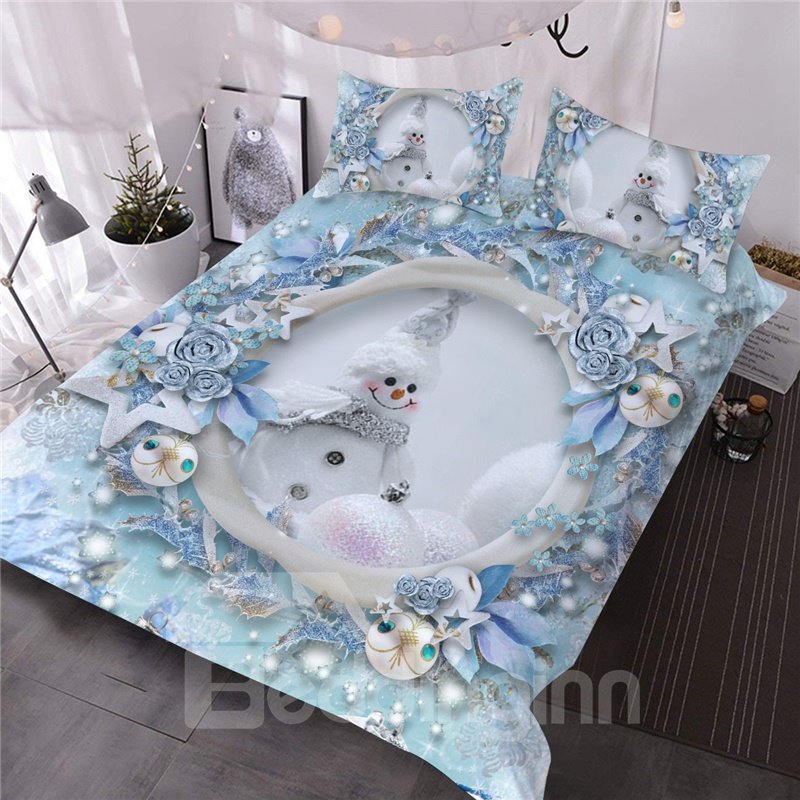 3D Snowman Christmas Ornaments 3-Piece Comforter Set/Bedding Set Blue Colorfast Wear-resistant Endurable Skin-friendly Ultra-soft No-fading Microfiber - Image 4