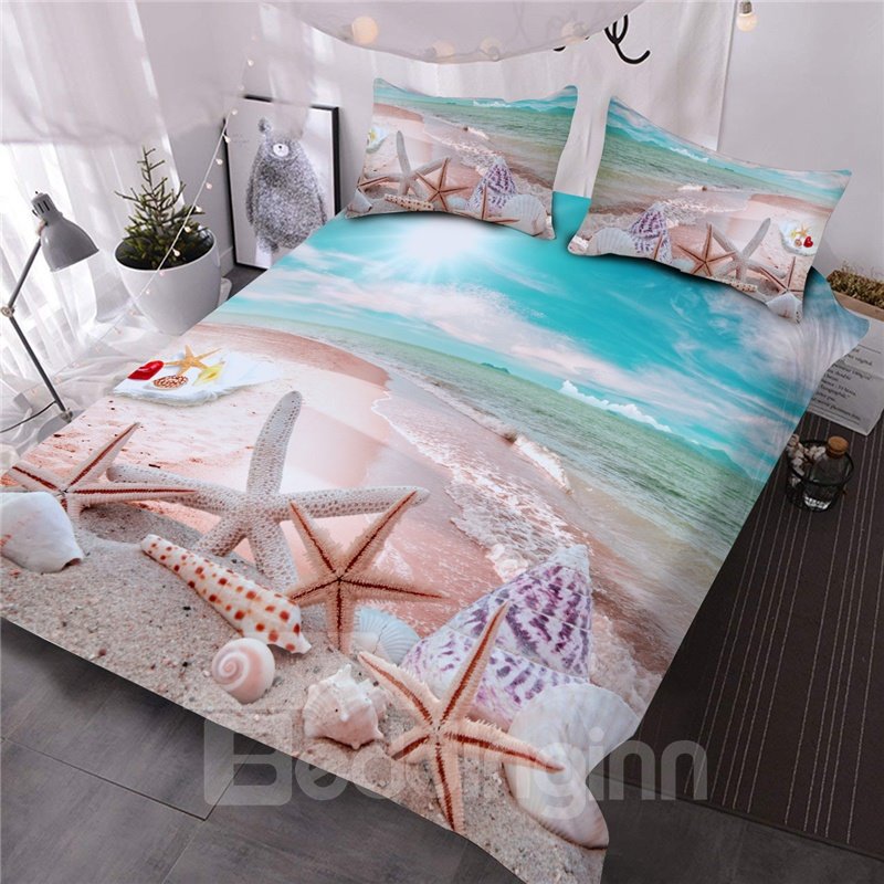 Ocean Starfish Seashells 3D Printed 3-Piece Comforter Sets Soft Ligntweight No-fading Digital Printed Comforter for All Seasons Microfiber - Image 3