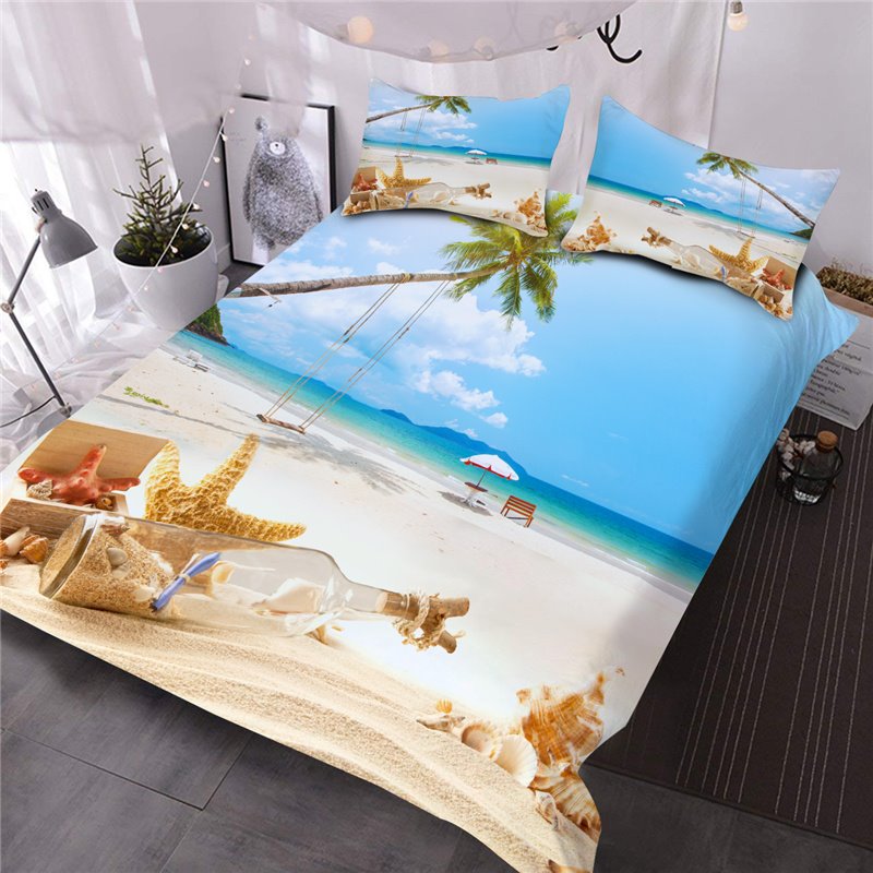 Starfish and Drift Bottle Printed 3-Piece 3D Comforter Set/Bedding Set Ultra-soft Microfiber No-fading Blue - Image 2
