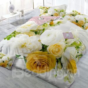 White Roses Wear-resistant Breathable High Quality 60s Cotton 4-Piece 3D Bedding Sets