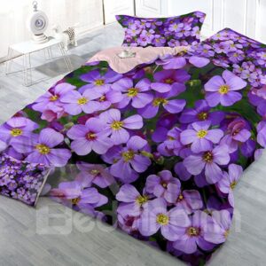 Purple Blooming Flowers Wear-resistant Breathable High Quality 60s Cotton 4-Piece 3D Bedding Sets