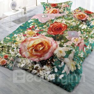 Blooming Roses In The Garden Wear-resistant Breathable High Quality 60s Cotton 4-Piece 3D Bedding Sets
