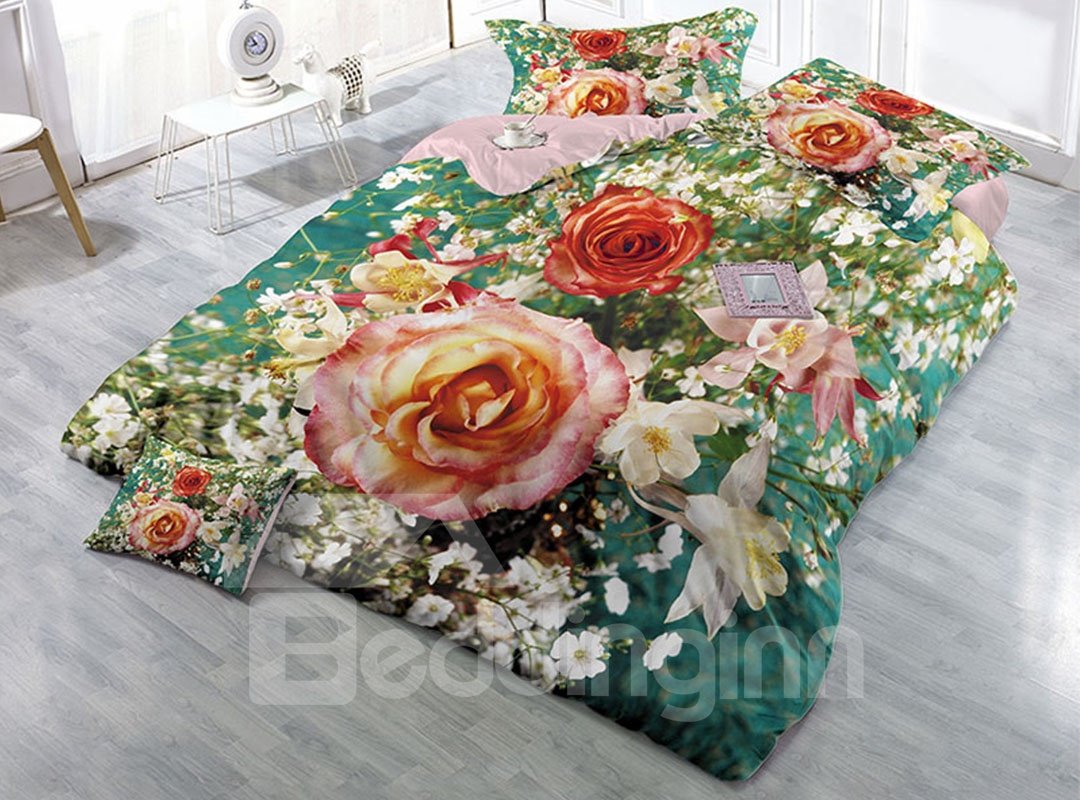 Blooming Roses In The Garden Wear-resistant Breathable High Quality 60s Cotton 4-Piece 3D Bedding Sets - Image 3
