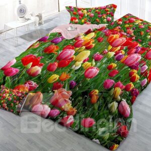 Colorful Tulips Wear-resistant Breathable High Quality 60s Cotton 4-Piece 3D Bedding Sets