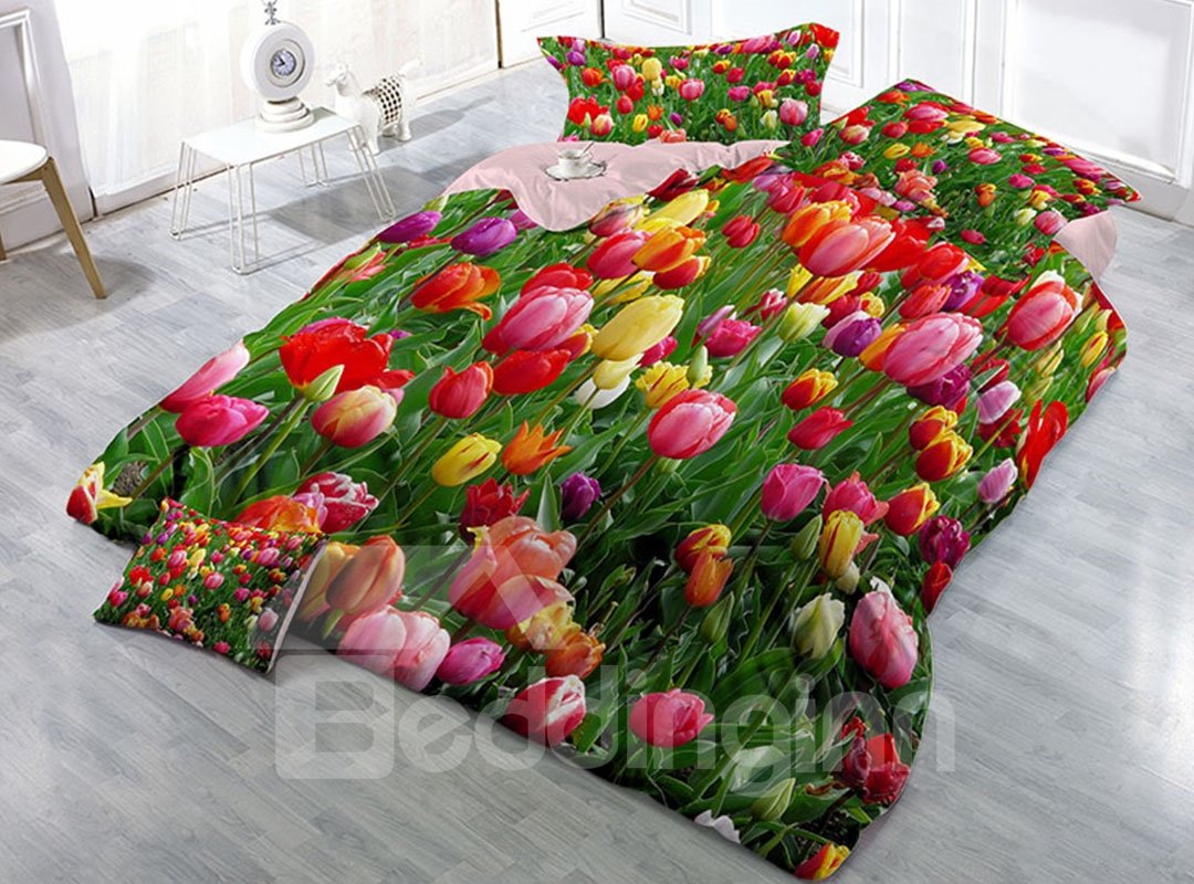 Colorful Tulips Wear-resistant Breathable High Quality 60s Cotton 4-Piece 3D Bedding Sets - Image 3