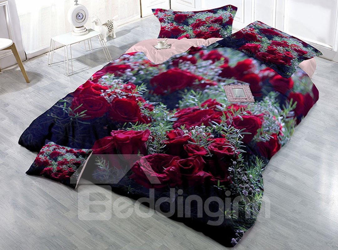 Red Rose Wear-resistant Breathable High Quality 60s Cotton 4-Piece 3D Bedding Sets - Image 2