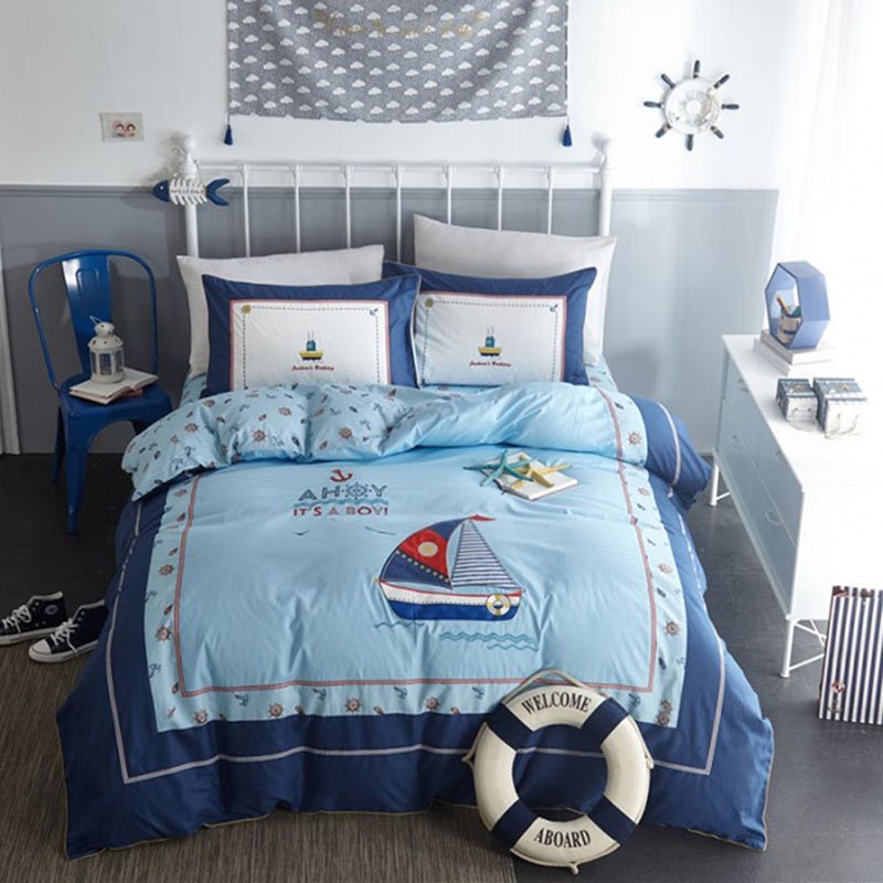 4 PCS Bedding Sets Blue Navigation Cotton Duvet Cover Set Gifts for Boys Bedroom - Image 2