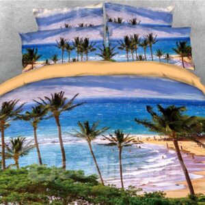 Tropical Beach Island Sea Wave with Palm Tree Printed 5-Piece 3D Comforter Set/Bedding Set 2 Pillowcases 1 Flat Sheet 1 Duvet Cover 1 Comforter
