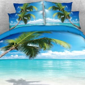 3D Summer Beach Palm Tree Sea Scenery 5-Piece Comforter Set/Bedding Set Colorfast Lightweight Skin-friendly Soft Polyester Blue