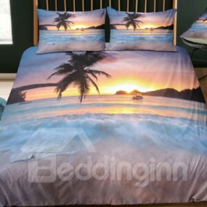 Fade Resistant Pure Seaside With Sunset And Coconut Tree Printed 3-Piece 3D Bedding Sets/Duvet Covers