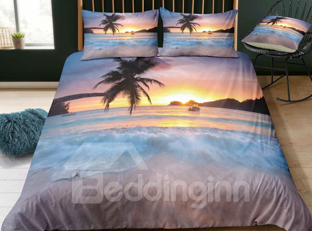 Fade Resistant Pure Seaside With Sunset And Coconut Tree Printed 3-Piece 3D Bedding Sets/Duvet Covers - Image 3