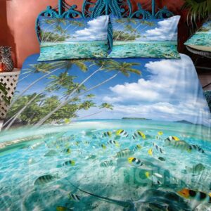 Crease-resistant Sandy Beach And Fishes Printed 3-Piece 3D Bedding Sets/Duvet Covers