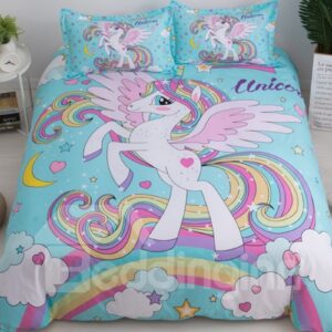 Naturally Soft Rainbow And Unicorn Printed 3-Piece Phyester Bedding Sets