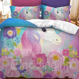 Soft And Comfortable Cute Unicorn And Colorful Flowers Printed 3-Piece Phyester Bedding Sets