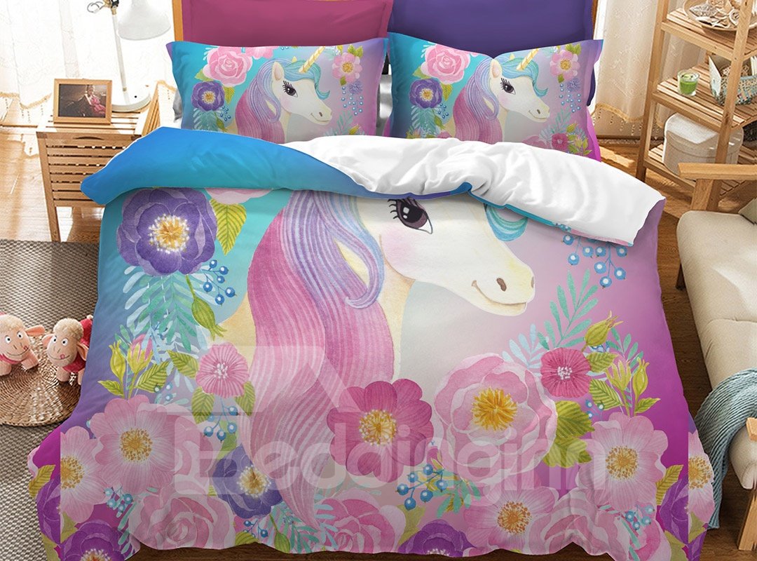 Soft And Comfortable Cute Unicorn And Colorful Flowers Printed 3-Piece Phyester Bedding Sets - Image 4