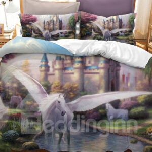 Crease-resistant Spirit White Horse With Wings Printed 3-Piece 3D Phyester Bedding Sets