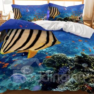 Breathable And Striped Fish Ocean World Printed 3-Piece 3D Polyester Bedding Sets/Duvet Covers