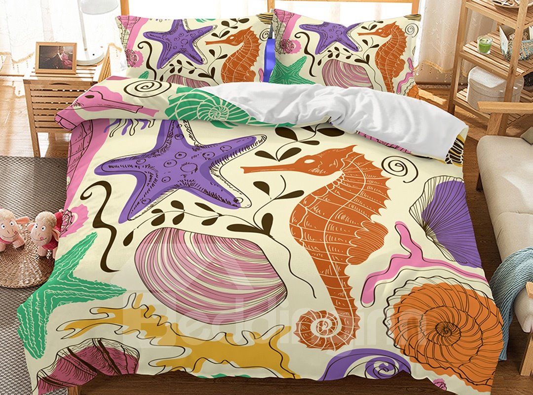 Soft Freehand Sketching Sea Otter Printed 3-Piece 3D Bedding Sets/Duvet Covers - Image 2