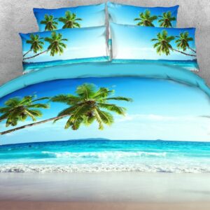 Palm Tree and Sea 4-piece Bedding Set 3D Scenery Duvet Cover with Non-slip Ties Blue