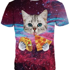 Lovely Round Neck Cat Eat Pizza Pattern 3D Painted T-Shirt