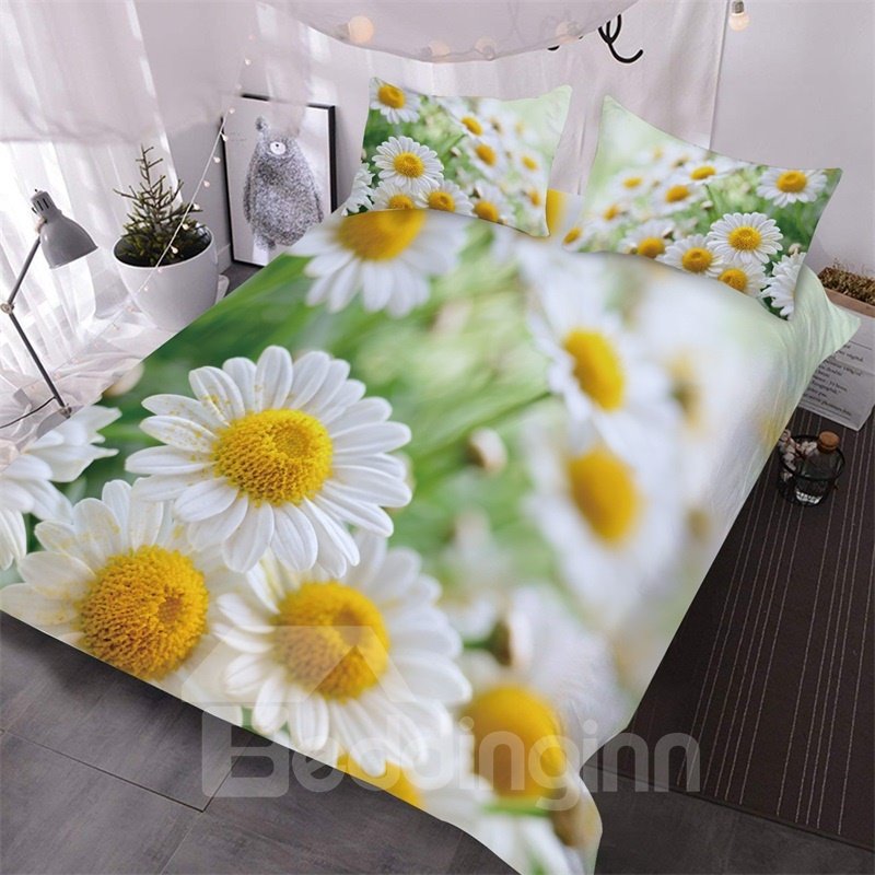 3D White Daisy Printed 3-Piece Floral Comforter Set Green Bedding King Size