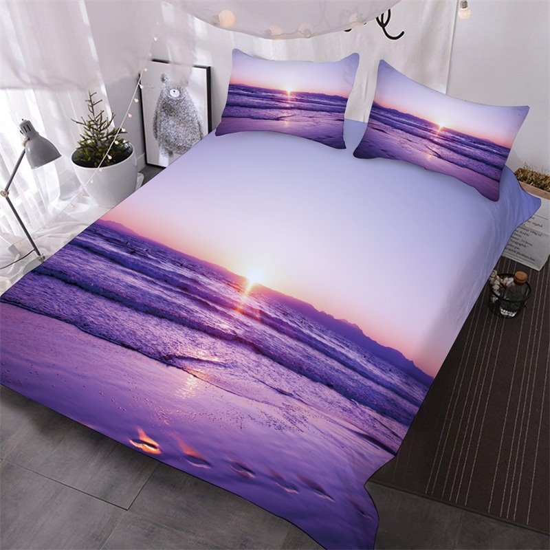 Purple Sea And Beach Printed 3-Piece Comforter Set Scenery Bedding Set 1 Comforter 2 Pillowcases Queen King Sizes - Image 2