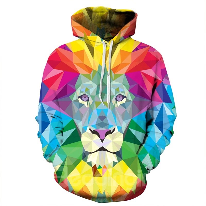 Soft Long Sleeve Colorful Lion Face Pattern 3D Painted Hoodie - Image 6