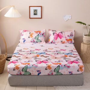 Butterfly Pattern Fitted Sheet 1-Piece Non-Fade Breathable Soft Polyester Bed Cover Mattress Cover
