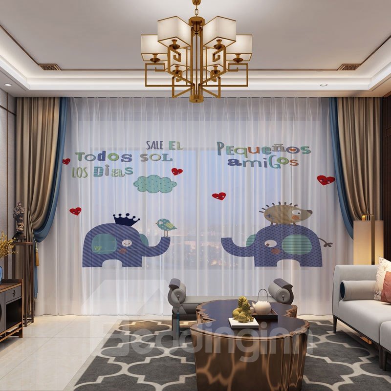 3D Lovely Elephants and Carton Letters Printed Decorative 2 Panels Custom Sheer - Image 2