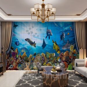 3D Colorful and Creative Undersea World Printed Decorative 2 Panels Custom Sheer