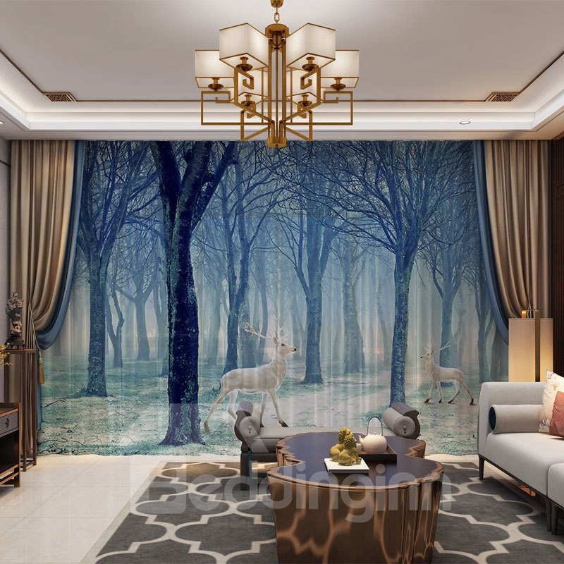 3D Gloomy Forest and Elks Printed 2 Panels Custom Sheer - Image 8