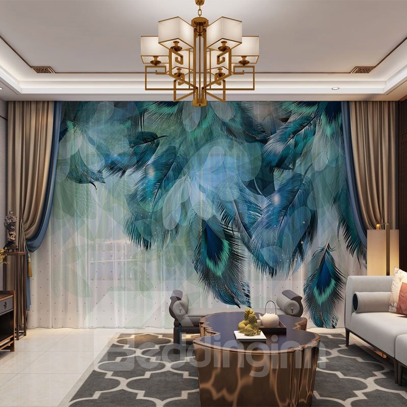 3D Beautiful and Bright Peacock Feathers Printed Decorative 2 Panels Custom Sheer Environment-friendly and Durable Thick Hair Cords No Pilling No Fading No off-lining Machine Washable - Image 7