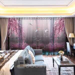 3D Cherry Blossoms Flying Crane Pink World Decorative 2 Panels Custom Sheer
