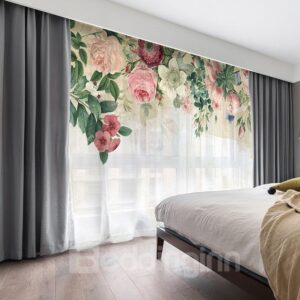 3D Pink Floral Romantic Style Printed 2 Panels Custom Sheer