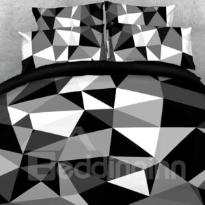 3D 5-Piece Comforter Set Lightweight/Warm/Microfiber Wrinkle/Fade Resistant Geometric Figure In Black White And Grey Bedding Set