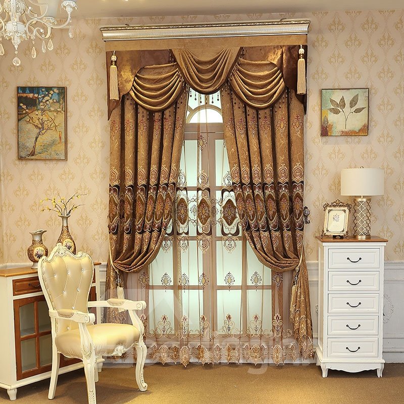 Luxury Coffee color Embroidered Floral Royal Style Custom Sheer Curtains - Image 8